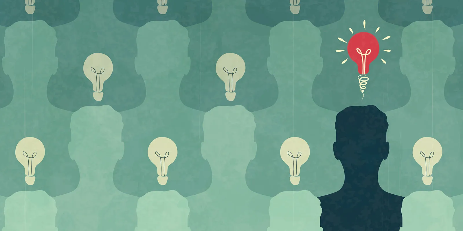 illustration of people with a light bulb over their heads, one is red