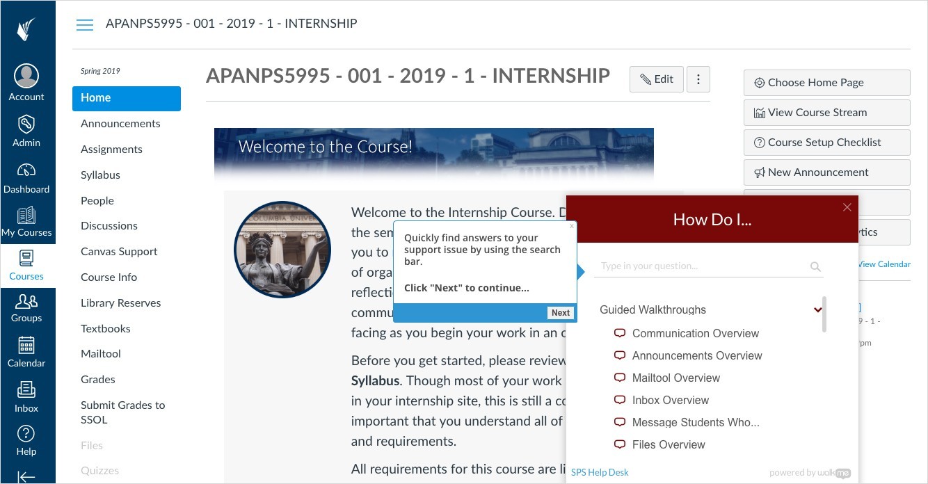 The WalkMe tool deployed in a Canvas course site " "