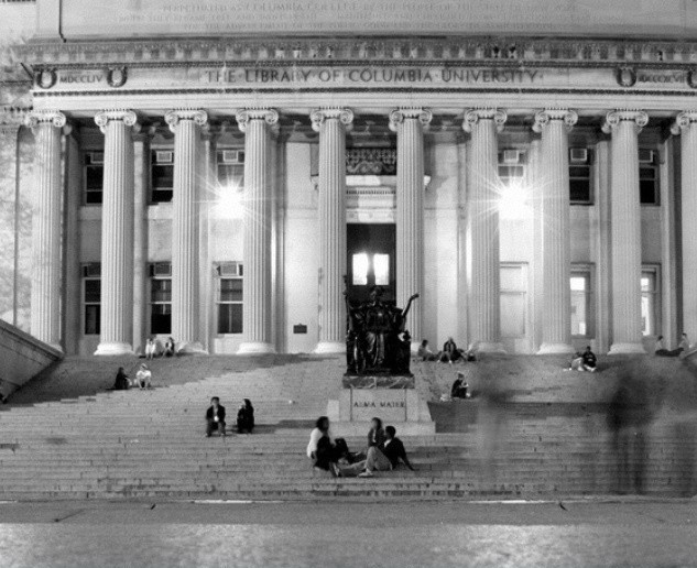black and white photo of Columbia University library entrance